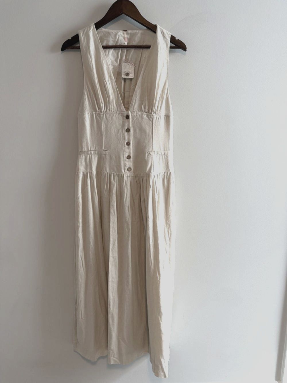 Free People Sleeveless Button Front Midi Dress Womens S Natural Cream Pocket Dre